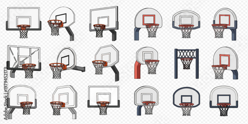 Set of various basketball hoops and backboards, different styles and designs for sports equipment.