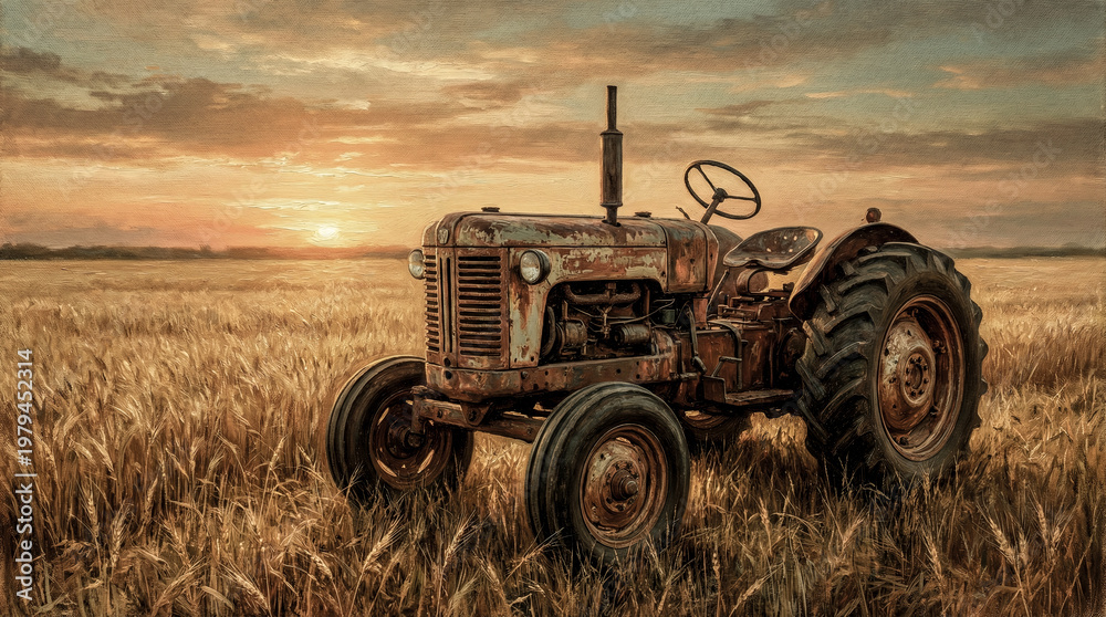 Fototapeta premium Vintage Tractor in Golden Field Materic Oil Painting | Rustic Farmhouse Rural Heritage