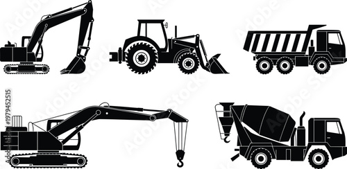 construction, vehicles, silhouettes, excavator, backhoe, dump, truck, crane, concrete, mixer, equipment, heavy, machinery, industrial, transport, cad, drawing, flat, vector, illustration