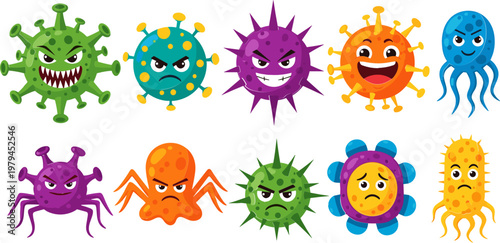 Cartoon Virus and Bacteria Characters Set with Angry, Sad, and Happy Faces for Health, Science, and Educational Designs