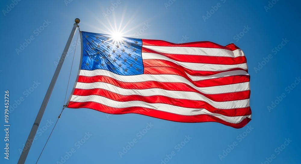 Fototapeta premium American flag waves proudly against a bright blue sky with sunburst.