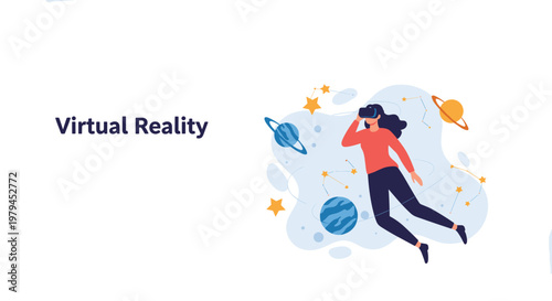 Virtual reality concept with a young woman wearing a headset and floating in a cosmic space with planets and stars.