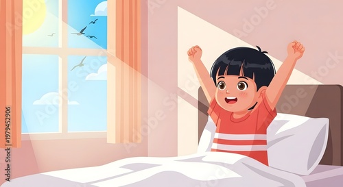 Cute Indonesian child waking up early in the morning, stretching on bed with sunlight entering through window, fresh and happy expression, soft pastel colors, cozy bedroom, birds and blue sky outside,