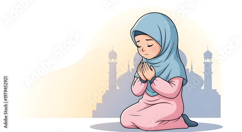 Cute Indonesian child praying peacefully, wearing modest clothes, calm and spiritual atmosphere, soft warm lighting, simple clean background with subtle mosque silhouette, respectful and serene mood, 