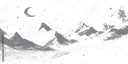 Abstract an evocative monochrome drawing transports viewers to a mystical mountain landscape beneath a starry night sky. The scene, rendered in delicate shades of gray.