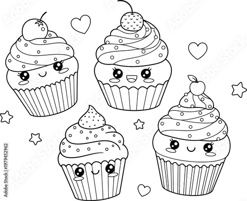A delightful black and white line art coloring page featuring four cute kawai style cupcakes