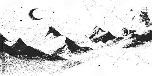 Abstract a grayscale illustration evokes the tranquility of a moonlit mountain range. The stark contrast and delicate details create an artistic representation of the serene, nocturnal landscape.