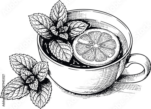 A detailed black and white illustration of a refreshing cup of herbal tea with mint and lemon
