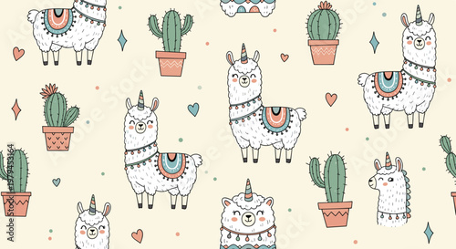 Seamless pattern of cute llamas with unicorn horns and cactuses in pots on a light cream background with hearts.