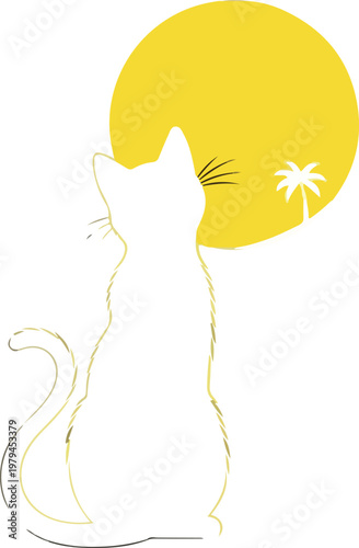 White Cat Looking At Sunset.