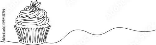 A single continuous line drawing of a delicious cupcake with frosting on a plain white background.