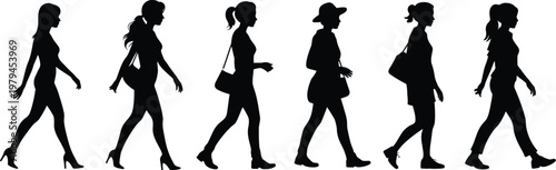Six black female silhouettes walking with handbags