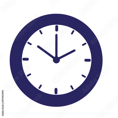 Dark blue circular wall clock with a white face, featuring simple hour and minute hands pointing to ten past twelve, isolated on a white background