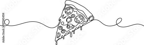 A continuous one line drawing of a single slice of pepperoni pizza on a plain white background