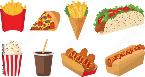 Assorted fast food items arranged in a clean studio setting with white background