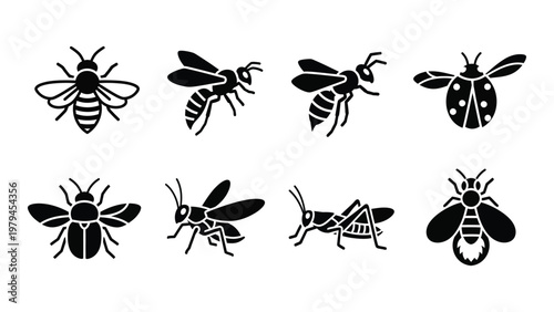 A collection of black silhouette insect icons featuring bees wasps a ladybug grasshopper and other arthropods high quality professional detailed modern