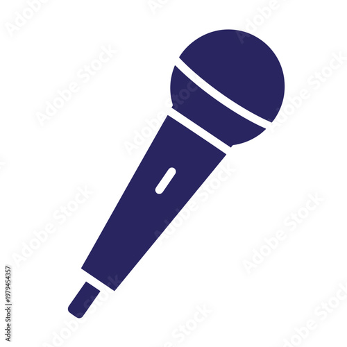 Dark blue microphone with white accents, on white background, audio equipment music