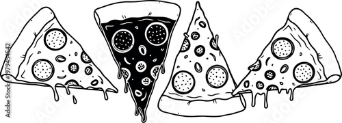 A collection of four hand drawn pizza slices featuring various toppings in a black and white style