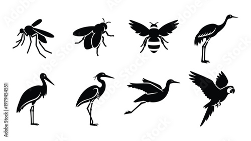 A collection of black silhouette images depicting various insects and birds in flight or standing poses high quality professional detailed modern