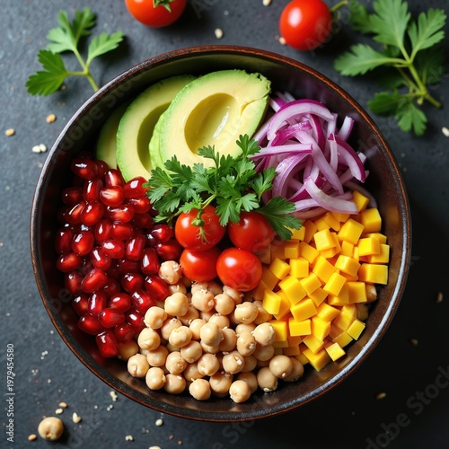 Colorful fresh salad bowl with avocado pomegranate chickpeas and mango. Red onion tomatoes parsley garnish a healthy vegan meal. Prepared for lunch or dinner.