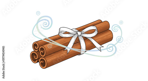 Stack of four spicy brown cinnamon sticks tied with a white ribbon and surrounded by blue swirling aroma lines.