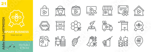 Apiary Business Vector Icons Set. Beekeeping Industry, Honey Production and Sales, Beekeeper Equipment and Organic Products. Isolated Editable Stroke Linear Collection.