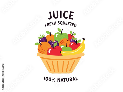 Freshly Squeezed 100% Natural Juice in a Basket of Fruits Illustration
