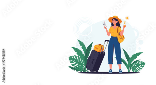Happy female traveler with a sun hat and suitcase prepares for a summer trip with a passport and flight ticket.