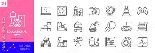 Educational Toys Vector Icons Set. Children Learning, Creative Play, STEM and Development Activities for Kids. Isolated Editable Stroke Linear Collection.
