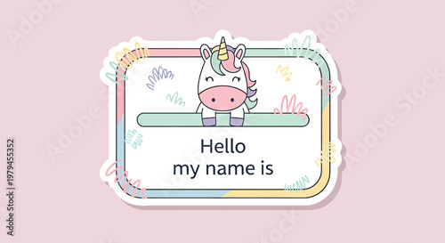 Kawaii Unicorn Name Tag Sticker with Hello My Name Is Text, Cute Pastel Cartoon Label for Kids School and Personal Identification