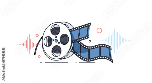 Film reel and movie production strip with colorful sound waves and geometric shapes representing cinema and multimedia media.