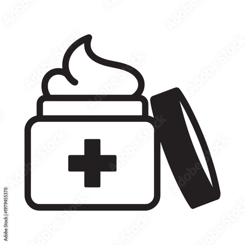 A black and white illustration of a medical cream jar with open lid