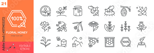 Floral Honey Vector Icons Set. Wildflowers, Bees and Natural Beekeeping, Organic Nectar and Botanical Symbols. Isolated Editable Stroke Linear Collection.
