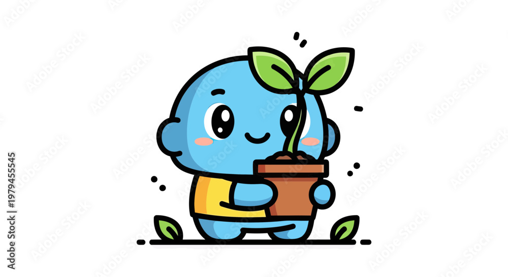 Obraz premium Cute Blue Cartoon Character Holding a Potted Plant Sprout, Kawaii Environment and Gardening Concept Illustration