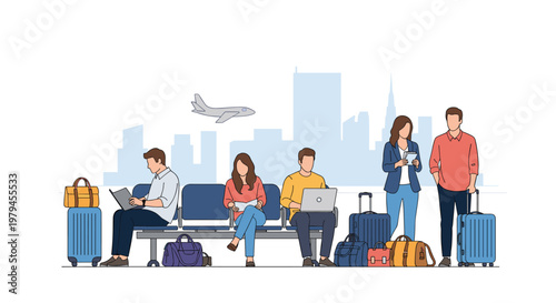 Group of travelers waiting in an airport departure lounge with luggage laptops and a city skyline and plane in the background.