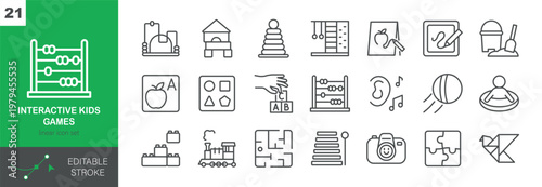Interactive Kids Games Vector Icons Set. Educational Play, Early Learning Activities, Montessori and Development Toys for Children. Isolated Editable Stroke Linear Collection.
