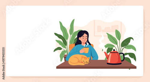 Peaceful scene of a woman sitting at a table drinking tea with a sleeping orange cat and green plants in a cozy room.