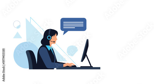 Professional customer service representative wearing a headset working on a computer and communicating with a speech bubble.