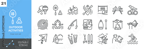 Outdoor Activities Vector Icons Set. Sports, Recreation, Fishing, Cycling and Adventure Symbols for Active Lifestyle. Isolated Editable Stroke Linear Collection.
