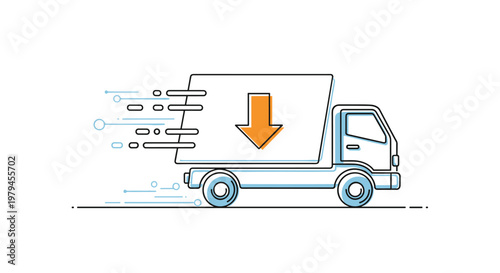 Stylized delivery truck moving quickly with an orange download arrow icon on its side representing digital logistics and data.