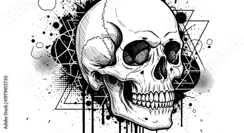 Human Skull Vector Illustration with Geometric Shapes, Ink Splatters, and Grunge Textures