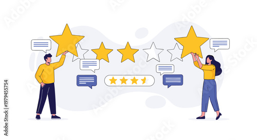 Man and woman characters holding up large gold stars to provide a five-star feedback rating for high quality service.