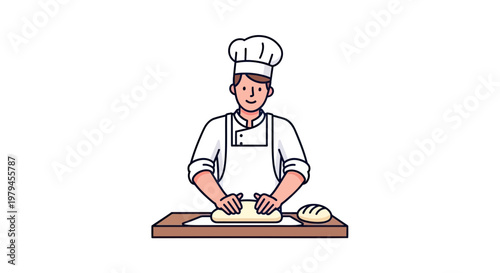Professional Baker Kneading Dough on Table, Male Chef in White Uniform and Toque Preparing Fresh Bread in Bakery