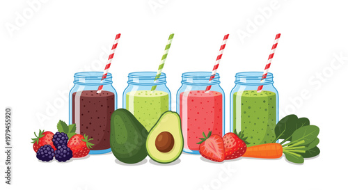 Four glass jars of colorful healthy smoothies with fruits and vegetables like avocado spinach and strawberries.