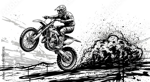 Dynamic motocross rider performing a wheelie on a dirt bike with a massive dust cloud, monochrome vector illustration sketch.