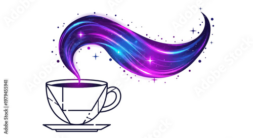 A magical purple liquid flows out of a teacup in a whimsical illustration.