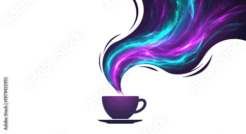 A vibrant purple cup emits colorful swirling steam on a saucer indoors.