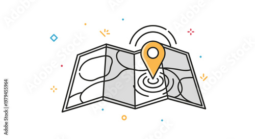 Folded map with an orange location pin marker and abstract geometric particles representing navigation and travel discovery.