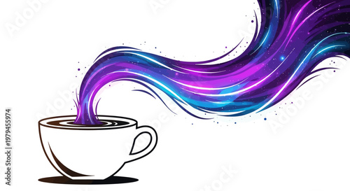 Vibrant purple and blue waves pour out of a coffee cup