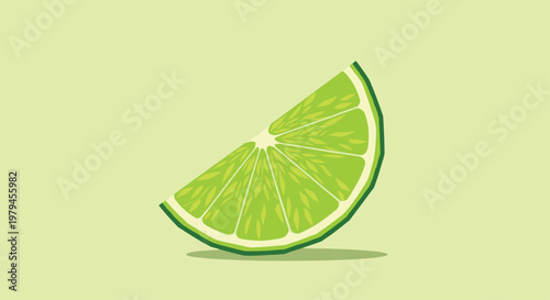 Realistic slice of fresh green lime fruit with pulp texture isolated on a light green background for food and drink themes.